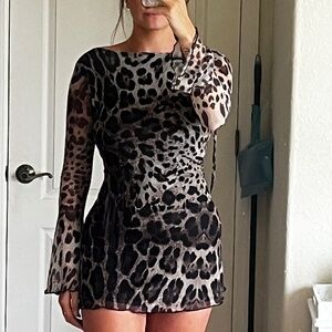 Leopard mesh flair sleeve mini dress